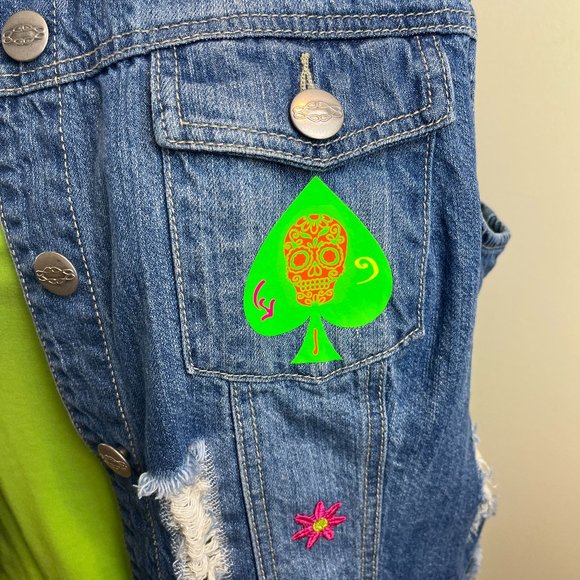 Distressed Denim Vest - One of A Kind - Customized with Day of the Dead Skulls - Picture 7 of 13